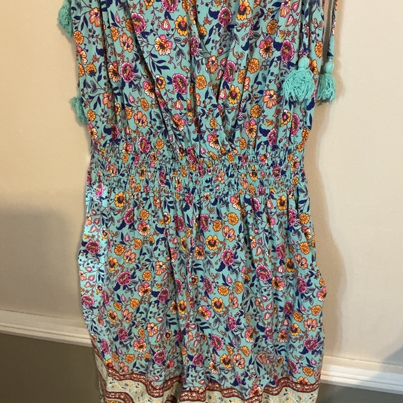 Bebop Boho Floral Sleeveless Romper | Turquoise Blue | Tassel Tie | Size Large - Picture 4 of 15